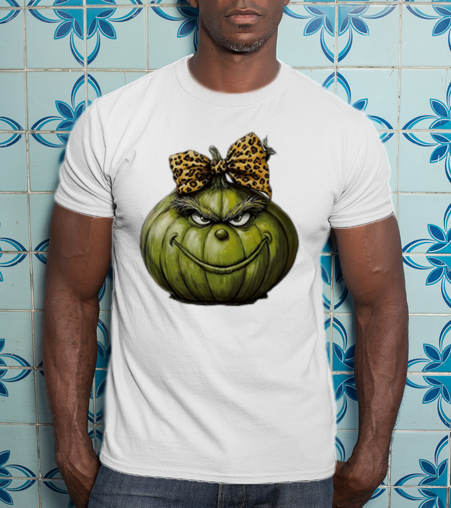 Retro Vintage Leopard Bow Grinch Pumpkin T-Shirt