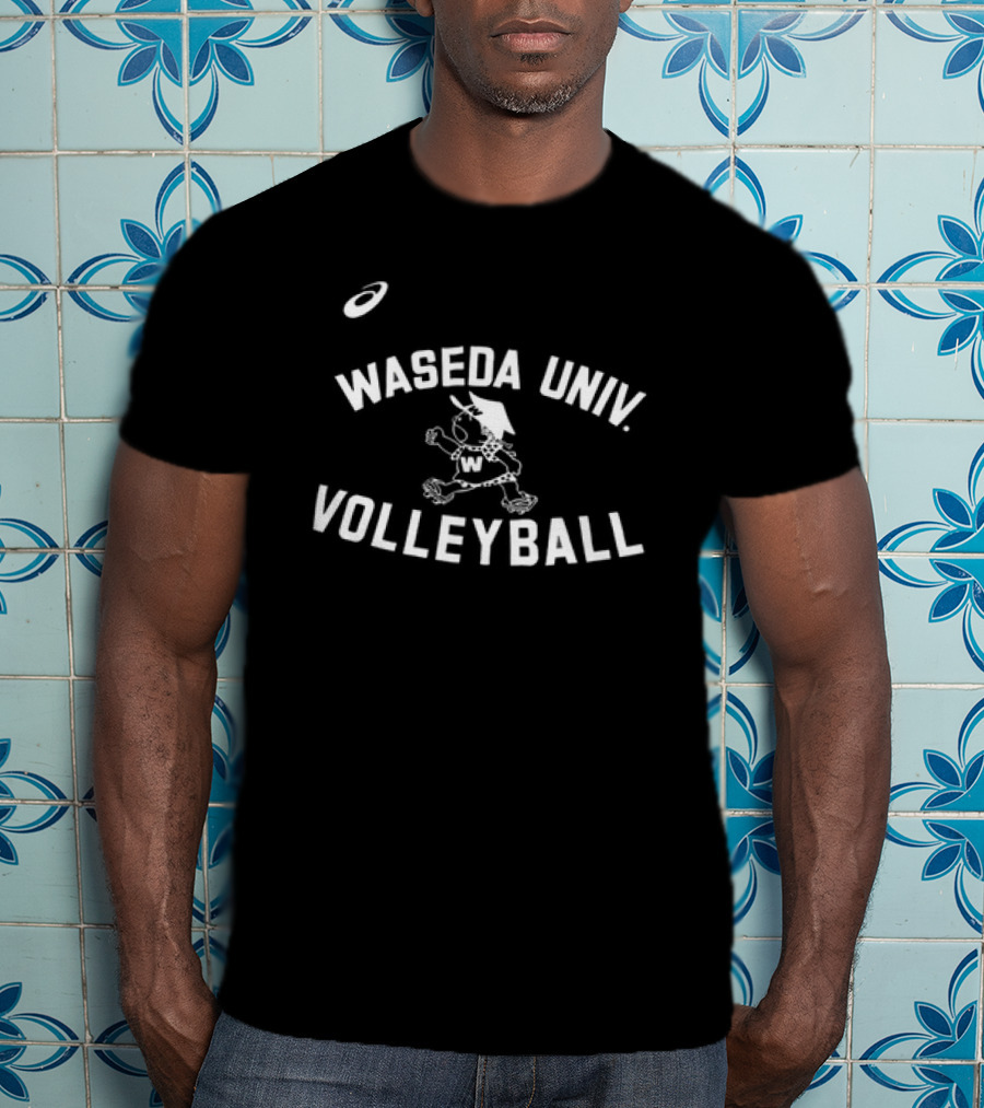 Waseda Univ. Volleyball Asics Running Cartoon Character T-Shirt