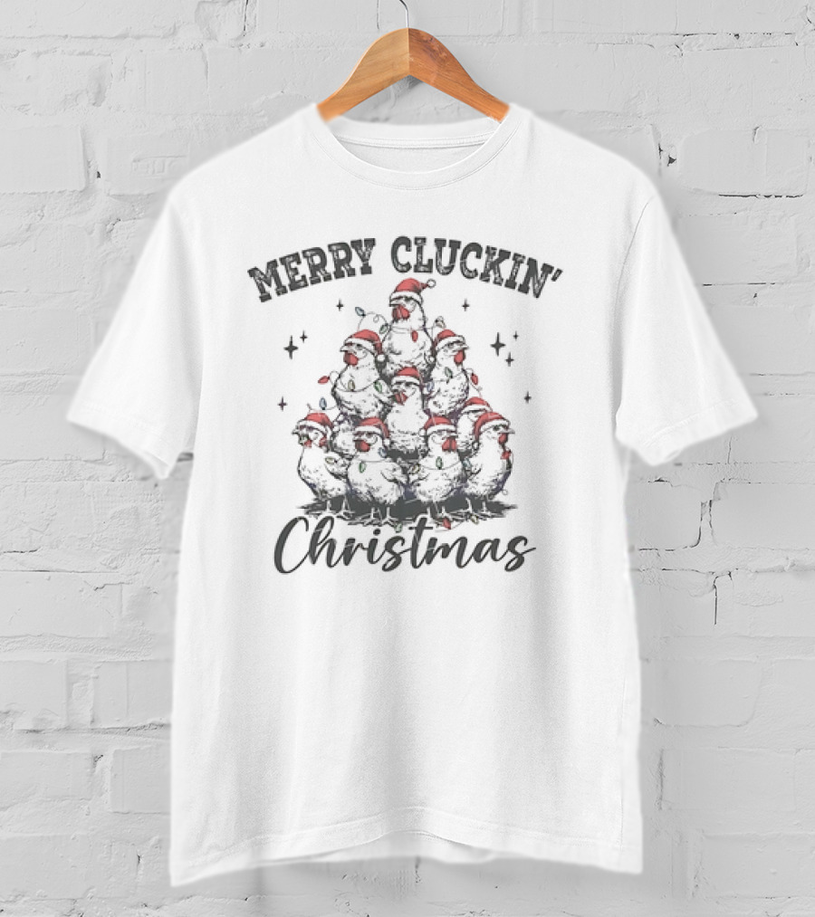 Merry Cluckin' Christmas Chicken Santa Hat Festive Stack T-Shirt