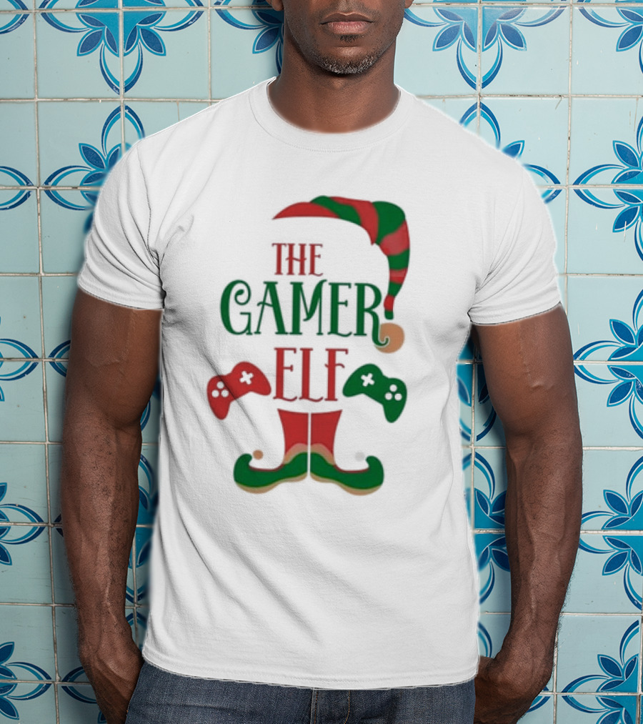 The Gamer Elf With Christmas Hat And Controllers T-Shirt
