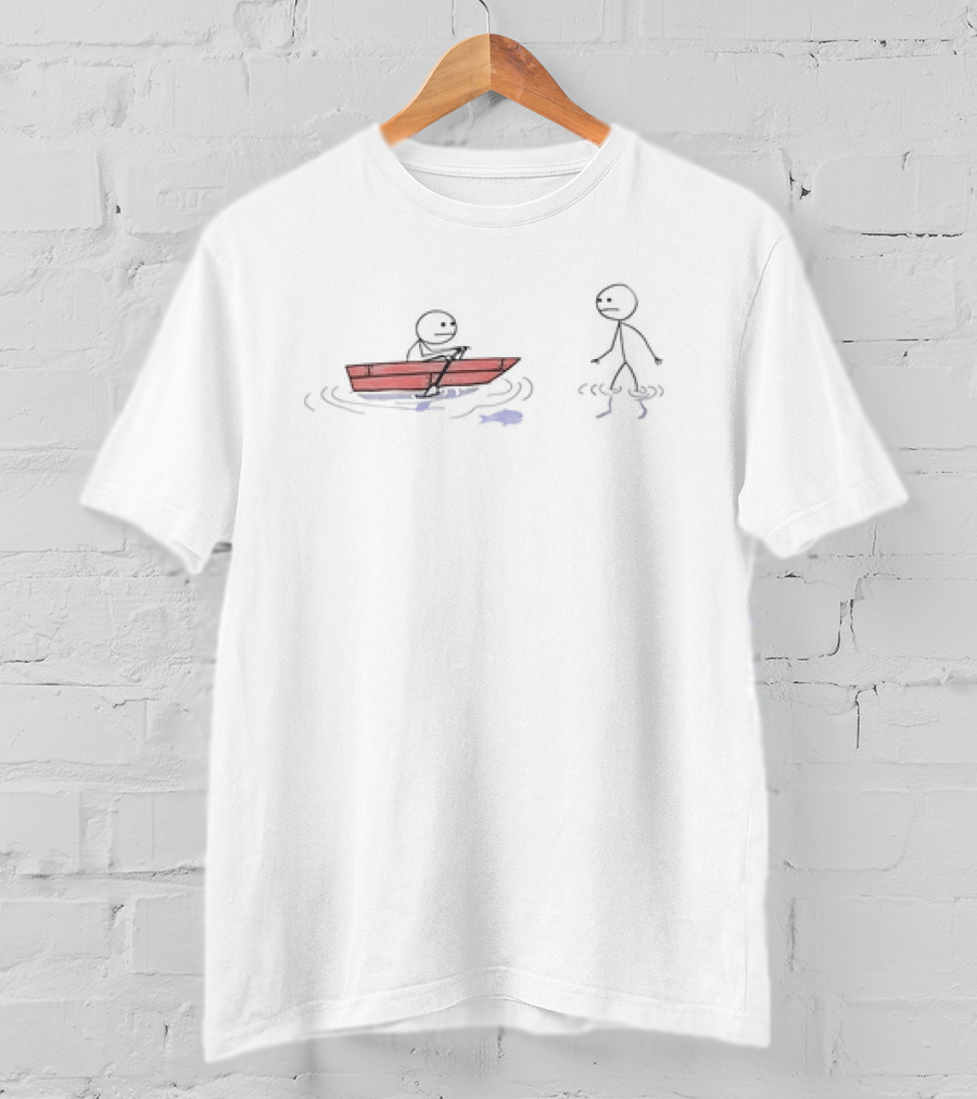 Stick Figure Rowing A Boat With Stick Figure Walking On Water Humor Concept T-Shirt