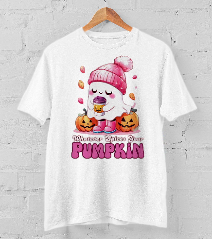 Ghost In Pink Beanie With Coffee And Pumpkins Whatever Spices Your Pumpkin T-Shirt