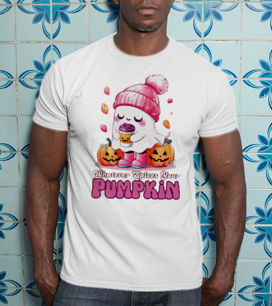 Ghost In Pink Beanie With Coffee And Pumpkins Whatever Spices Your Pumpkin T-Shirt