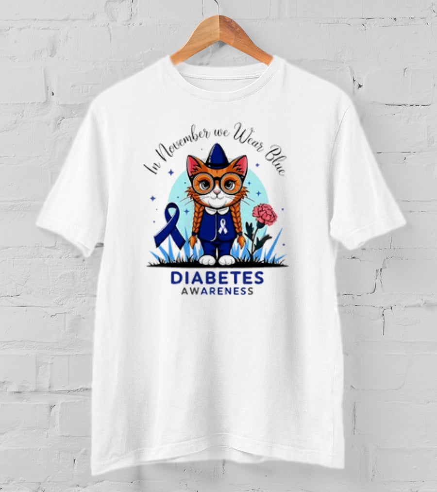 In November We Wear Blue Cute Cat Diabetes Awareness T-Shirt