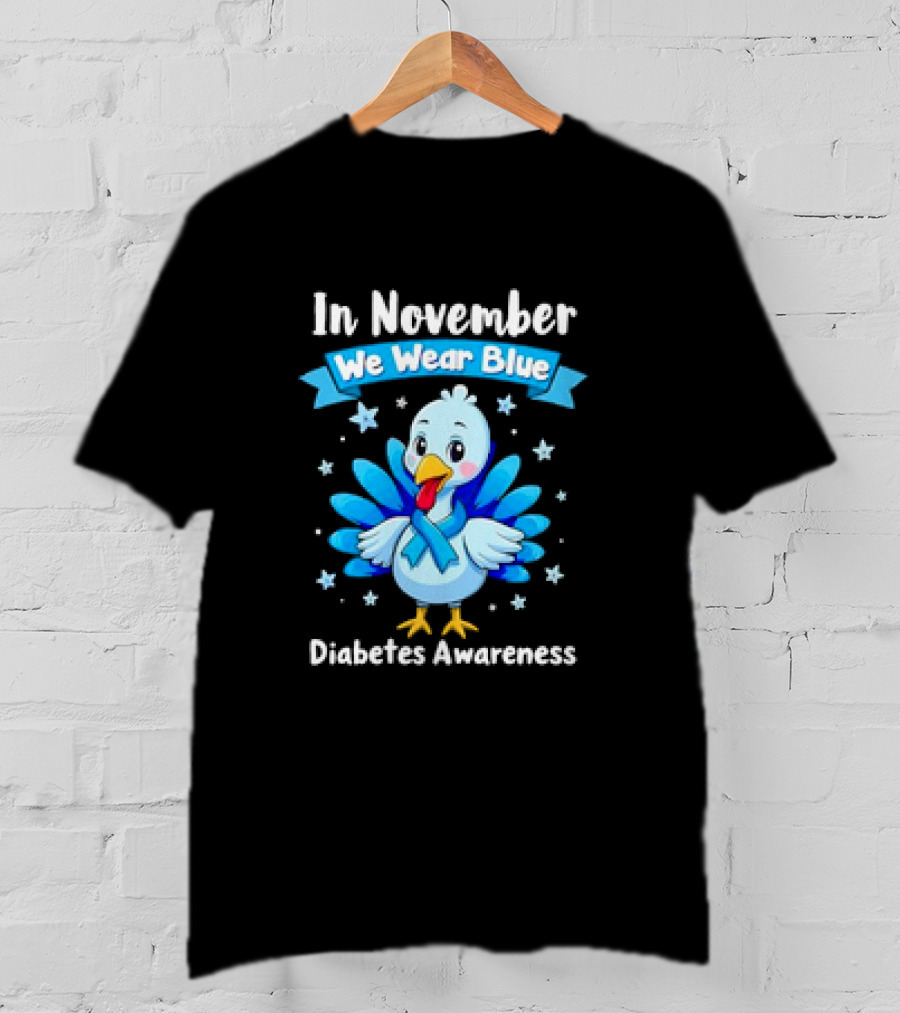 In November We Wear Blue Thanksgiving Diabetes Awareness Turkey With Ribbon And Stars T-Shirt