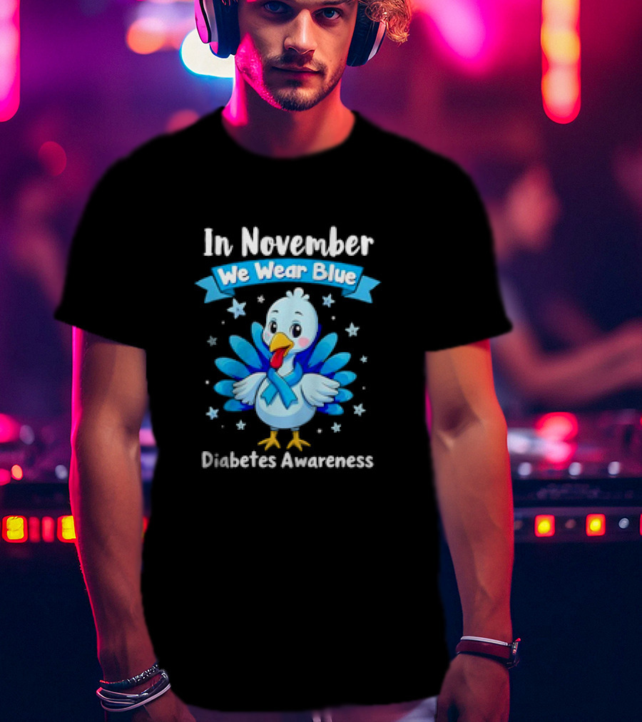 In November We Wear Blue Thanksgiving Diabetes Awareness Turkey With Ribbon And Stars T-Shirt