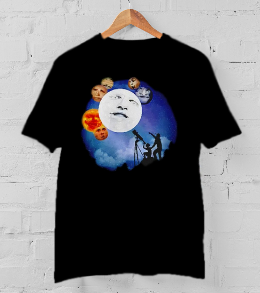 Man And Child Stargazing At Moon And Face Planets T-Shirt