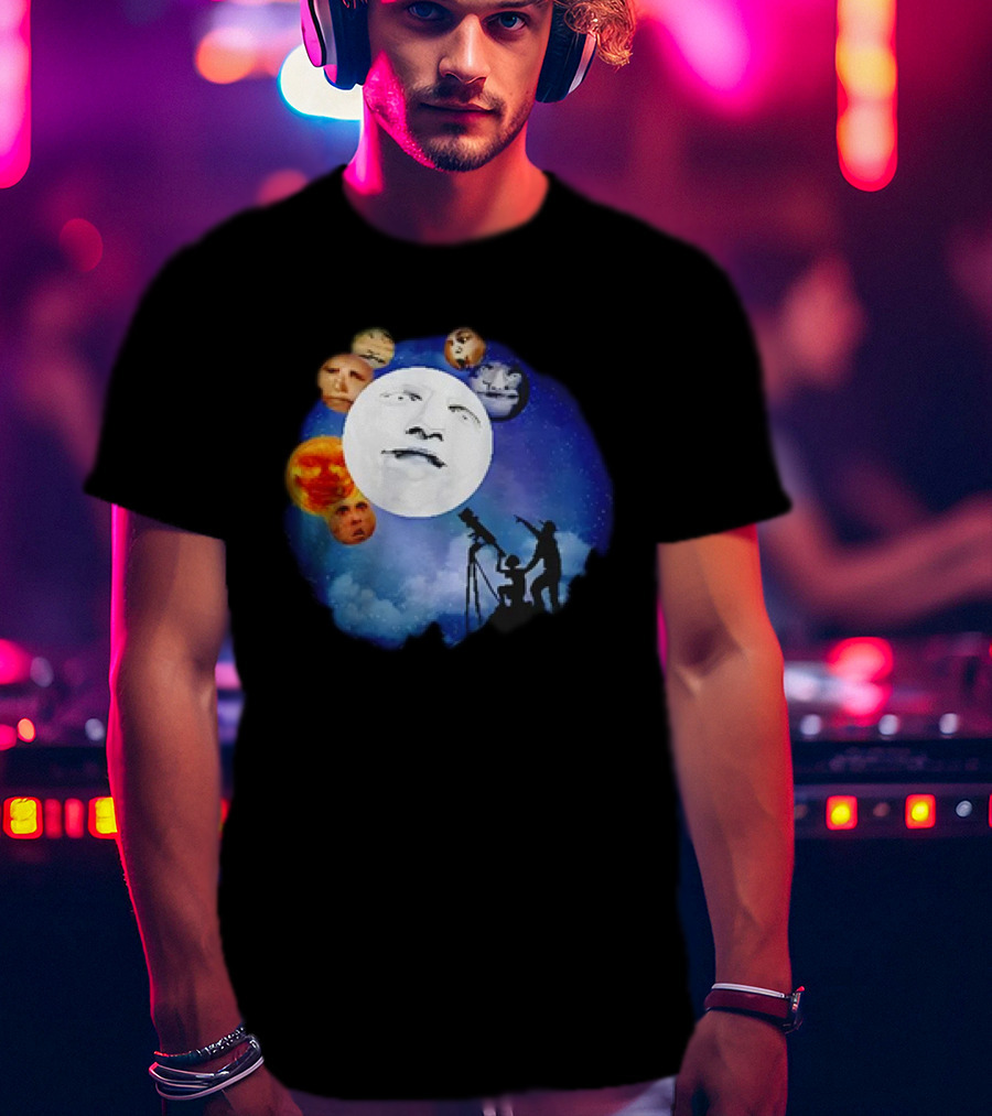 Man And Child Stargazing At Moon And Face Planets T-Shirt