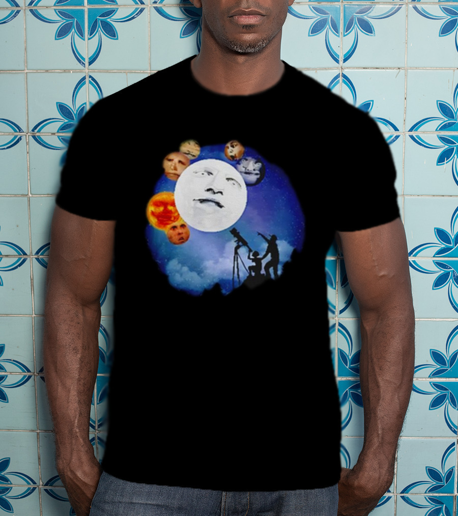 Man And Child Stargazing At Moon And Face Planets T-Shirt