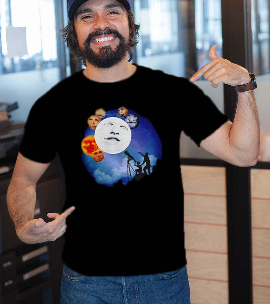 Man And Child Stargazing At Moon And Face Planets T-Shirt