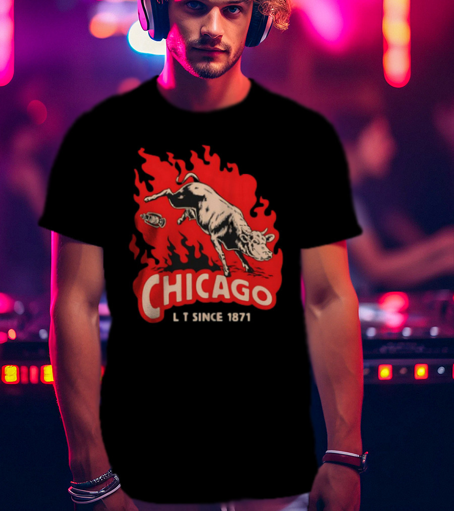 Chicago Lit Since 1871 Kicking Cow Flame T-Shirt