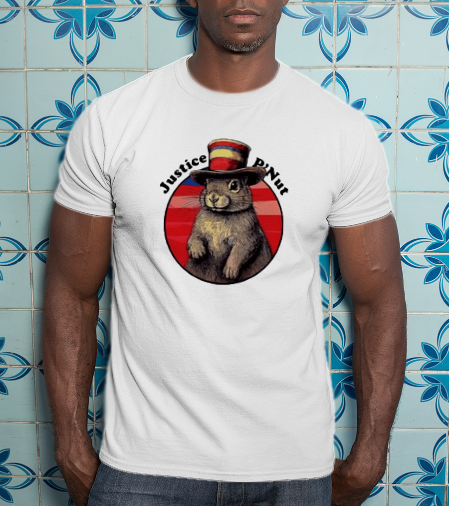 Justice P’Nut Squirrel Wearing Vintage Hat With Red Blue Stripes T-Shirt