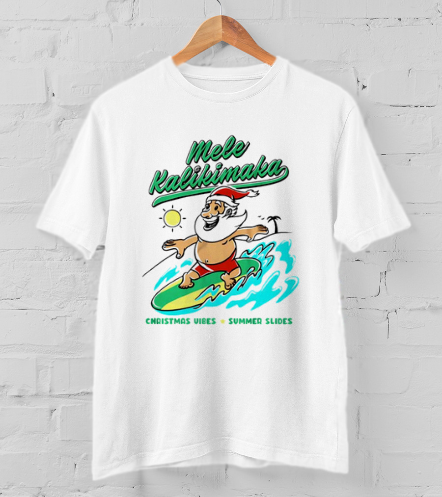 Mele Kalikimaka Santa Surfing Christmas Vibes Summer Slides Tropical Sun T-Shirt