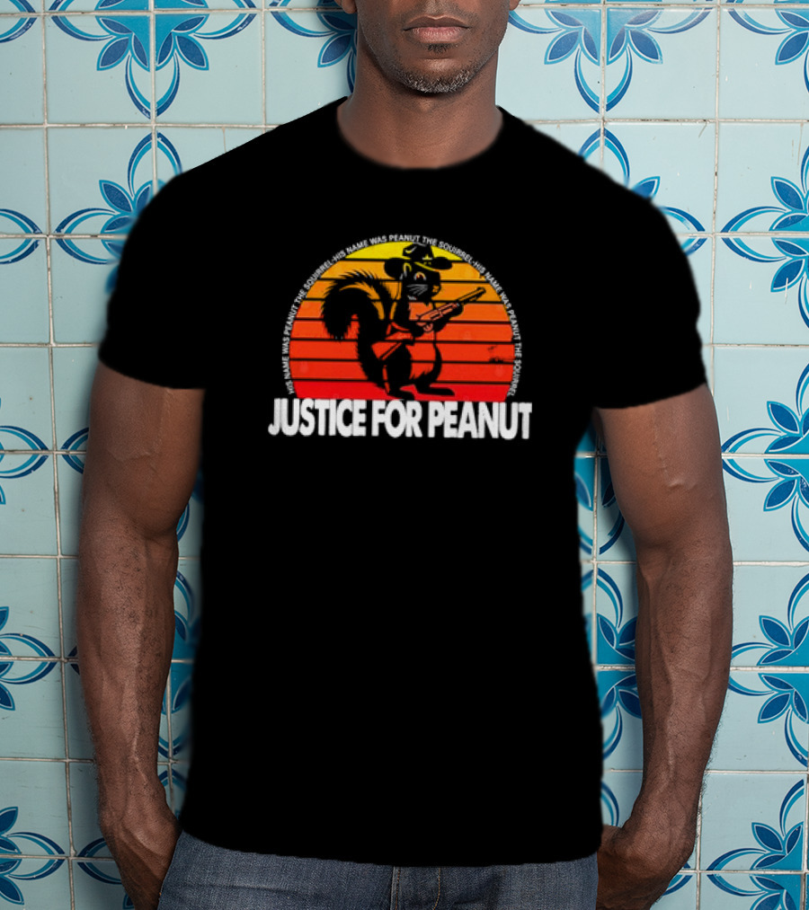 Justice For Peanut His Name Was Peanut The Squirrel Retro Sunset Squirrel With Hat And Gun T-Shirt