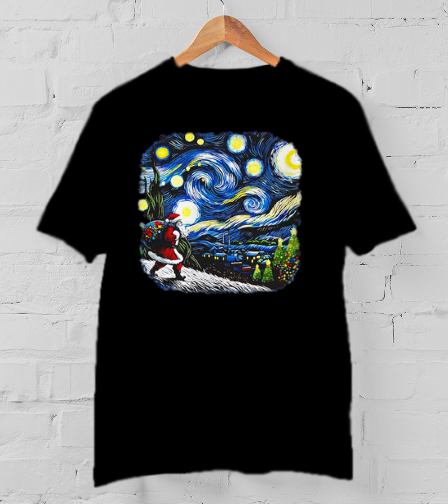 Van Gogh Starry Night Santa Christmas Winter Snowy Night Scene T-Shirt