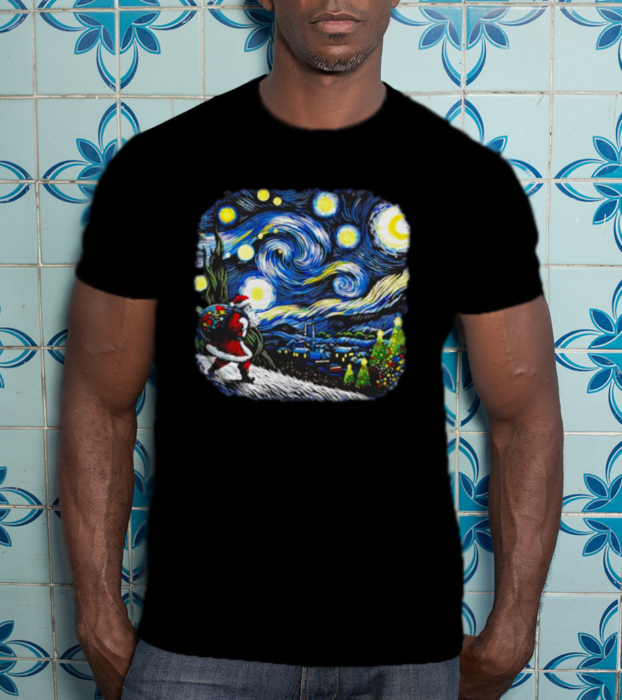 Van Gogh Starry Night Santa Christmas Winter Snowy Night Scene T-Shirt