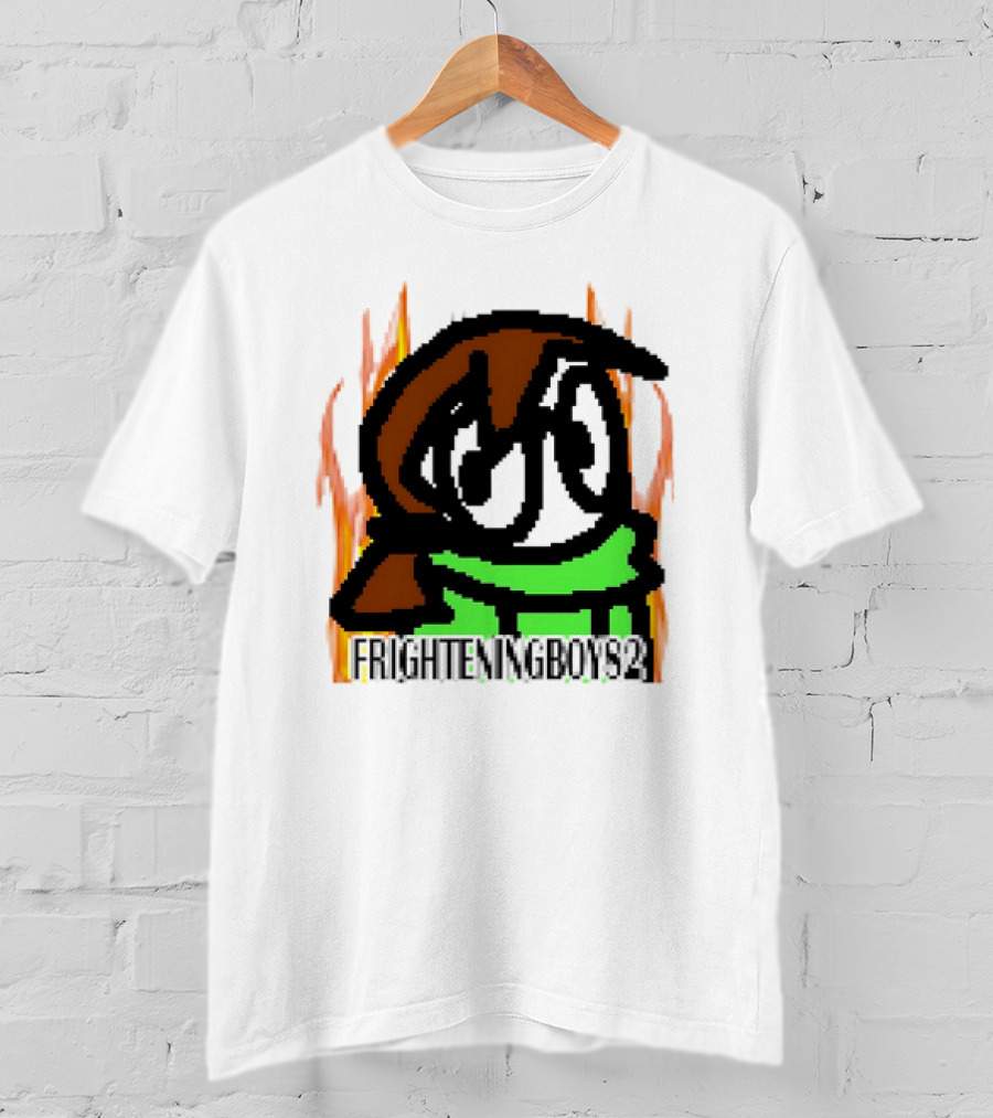 FRIGHTENINGBOY82 Leaf Pixel Art Character With Green Scarf And Flames T-Shirt