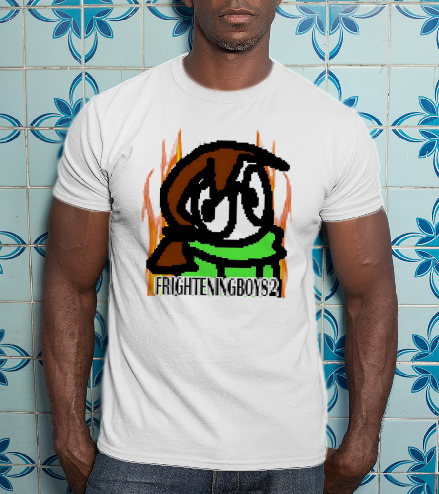 FRIGHTENINGBOY82 Leaf Pixel Art Character With Green Scarf And Flames T-Shirt