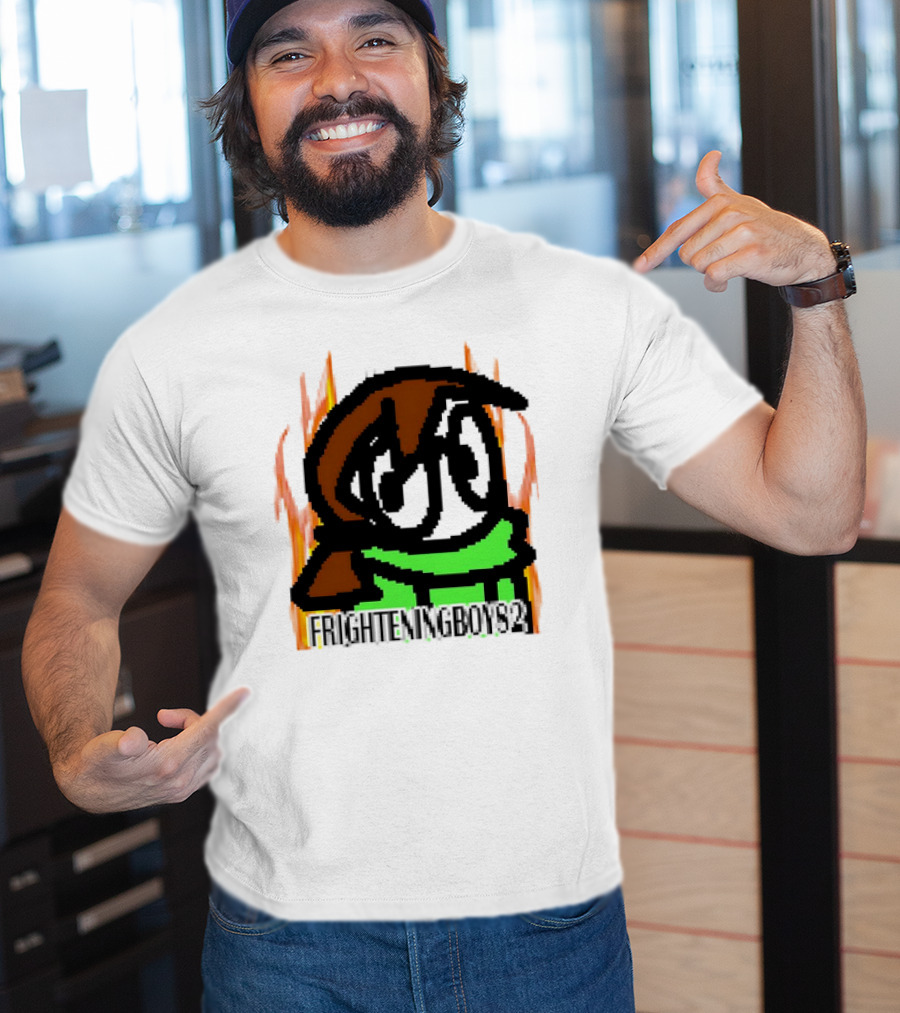 FRIGHTENINGBOY82 Leaf Pixel Art Character With Green Scarf And Flames T-Shirt