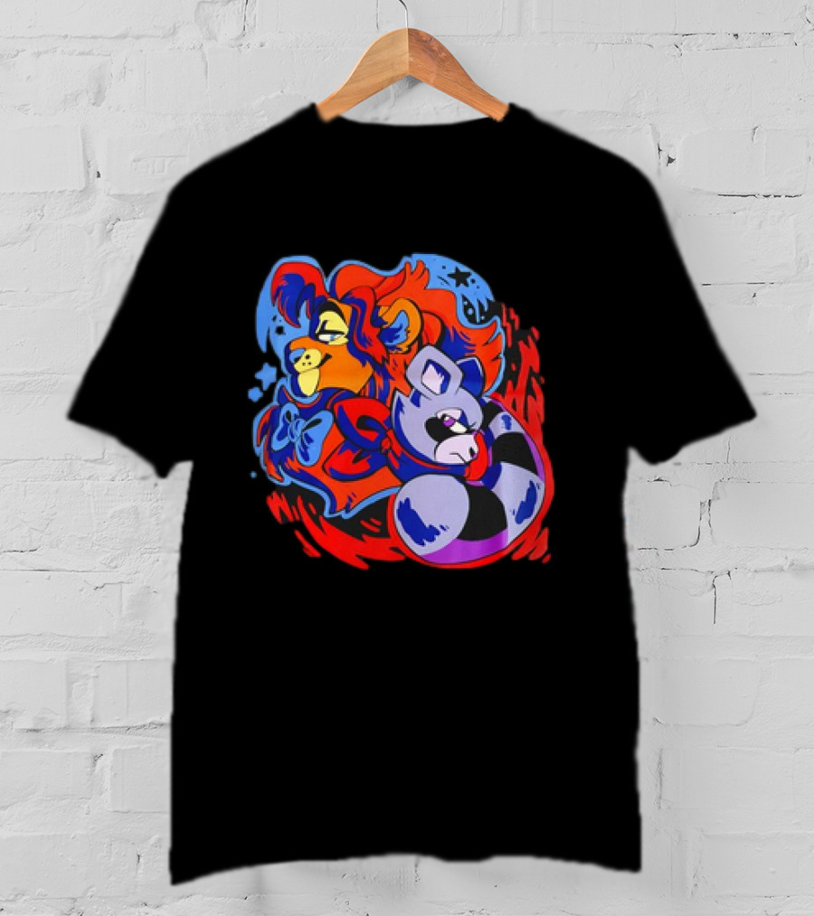 Lion And Raccoon Cartoon With Colorful Flowing Manes And Scarves T-Shirt