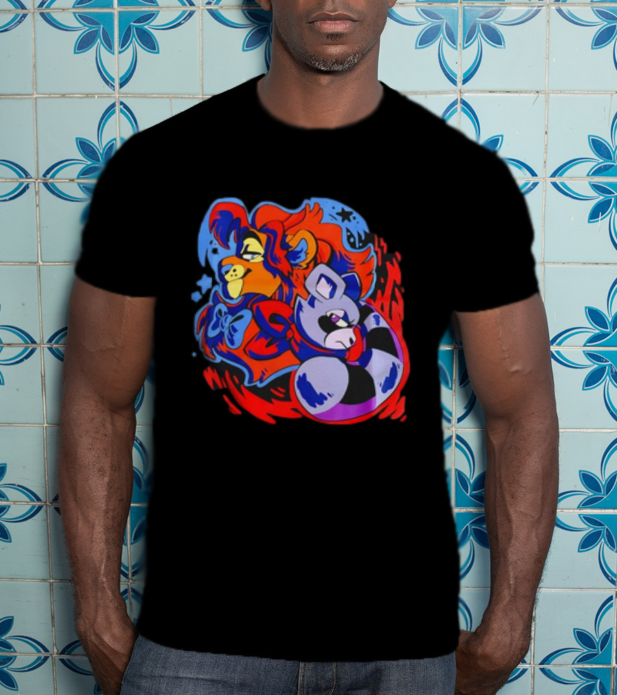 Lion And Raccoon Cartoon With Colorful Flowing Manes And Scarves T-Shirt