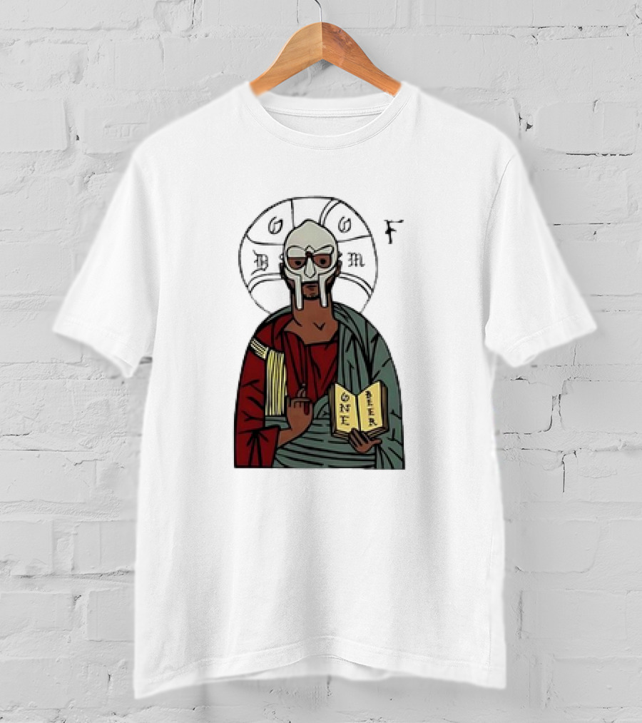 MF DOOM Cartoon Iconic Mask With Sacred Imagery And Open Book One Beer T-Shirt