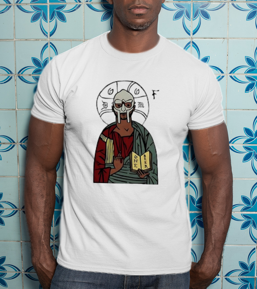 MF DOOM Cartoon Iconic Mask With Sacred Imagery And Open Book One Beer T-Shirt