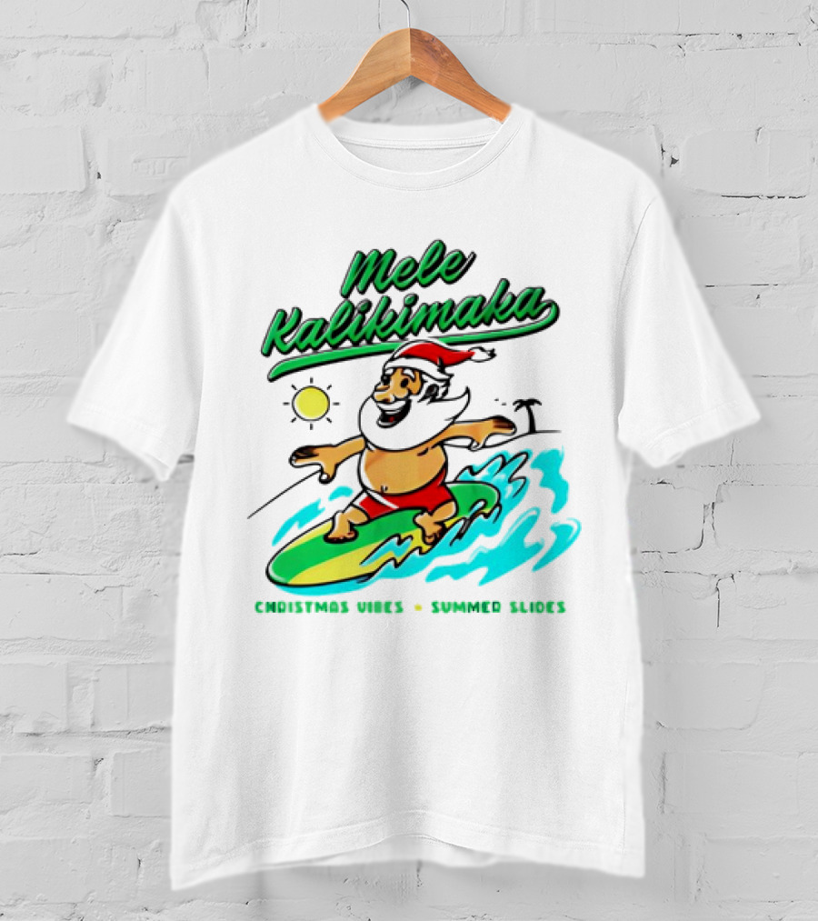 Mele Kalikimaka Santa Claus Surfing Christmas Vibes Summer Slides T-Shirt