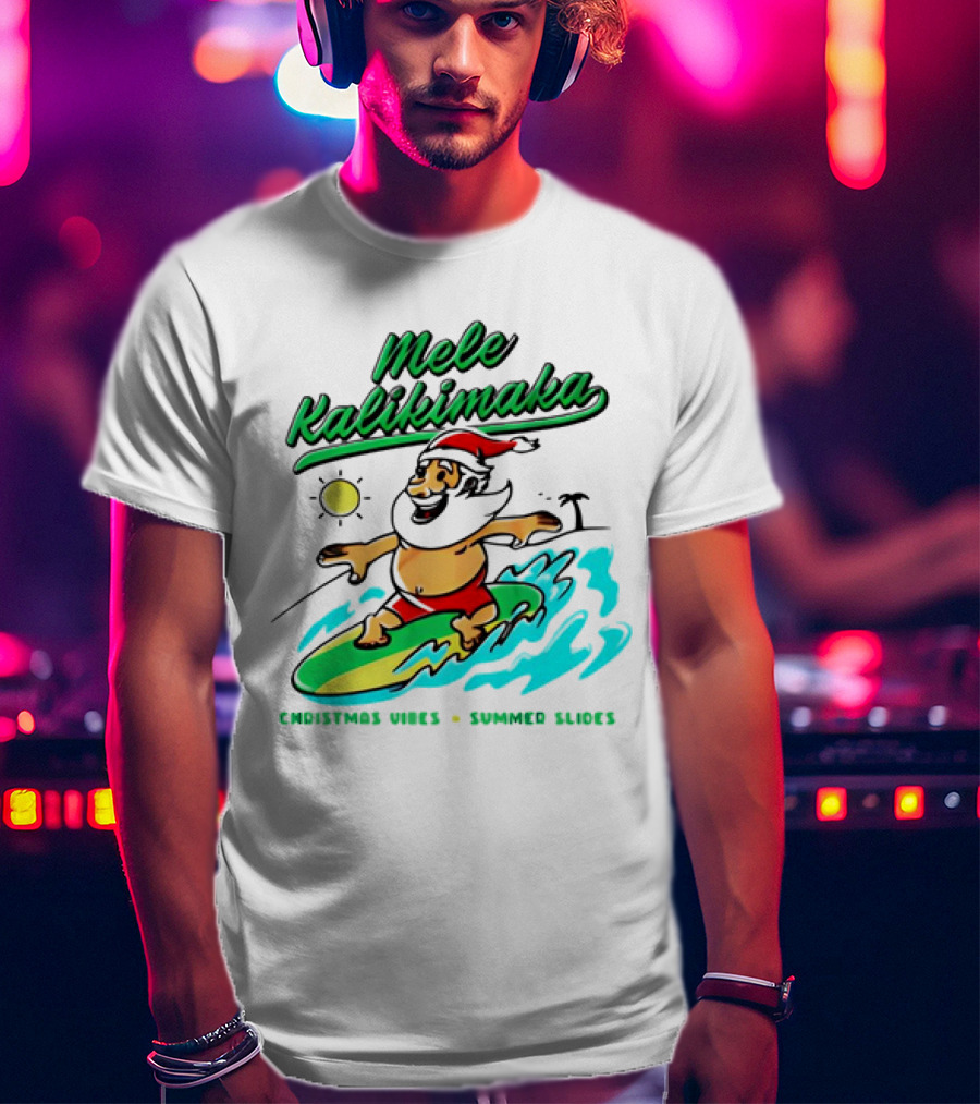 Mele Kalikimaka Santa Claus Surfing Christmas Vibes Summer Slides T-Shirt
