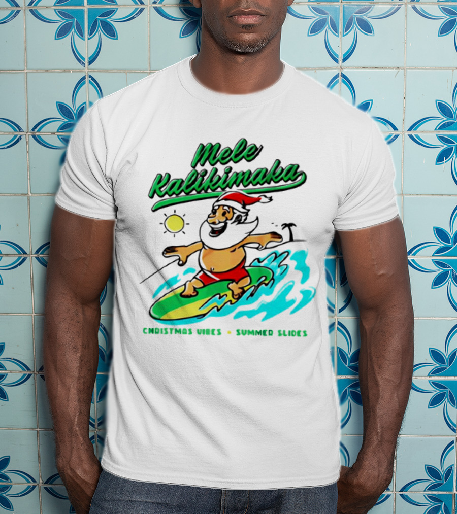 Mele Kalikimaka Santa Claus Surfing Christmas Vibes Summer Slides T-Shirt