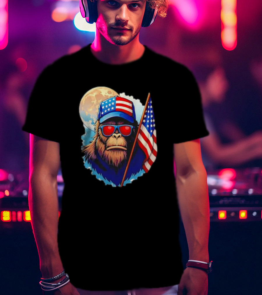 Bigfoot USA Flag Hat Sunglasses Patriotic Moon Background T-Shirt