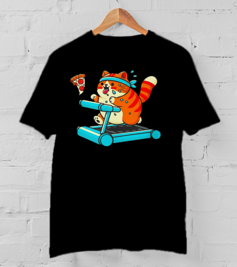 Chasing Dreams And Pizza Slices Chonky Cat Running On Treadmill T-Shirt