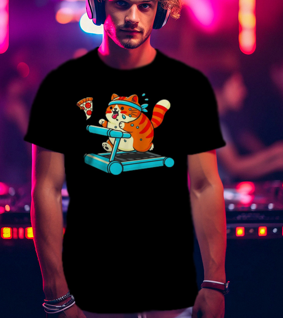 Chasing Dreams And Pizza Slices Chonky Cat Running On Treadmill T-Shirt