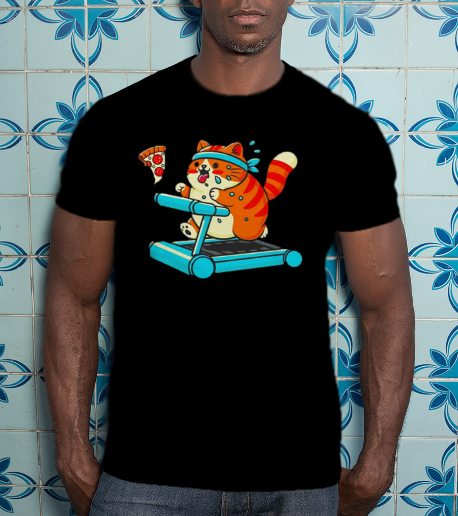 Chasing Dreams And Pizza Slices Chonky Cat Running On Treadmill T-Shirt