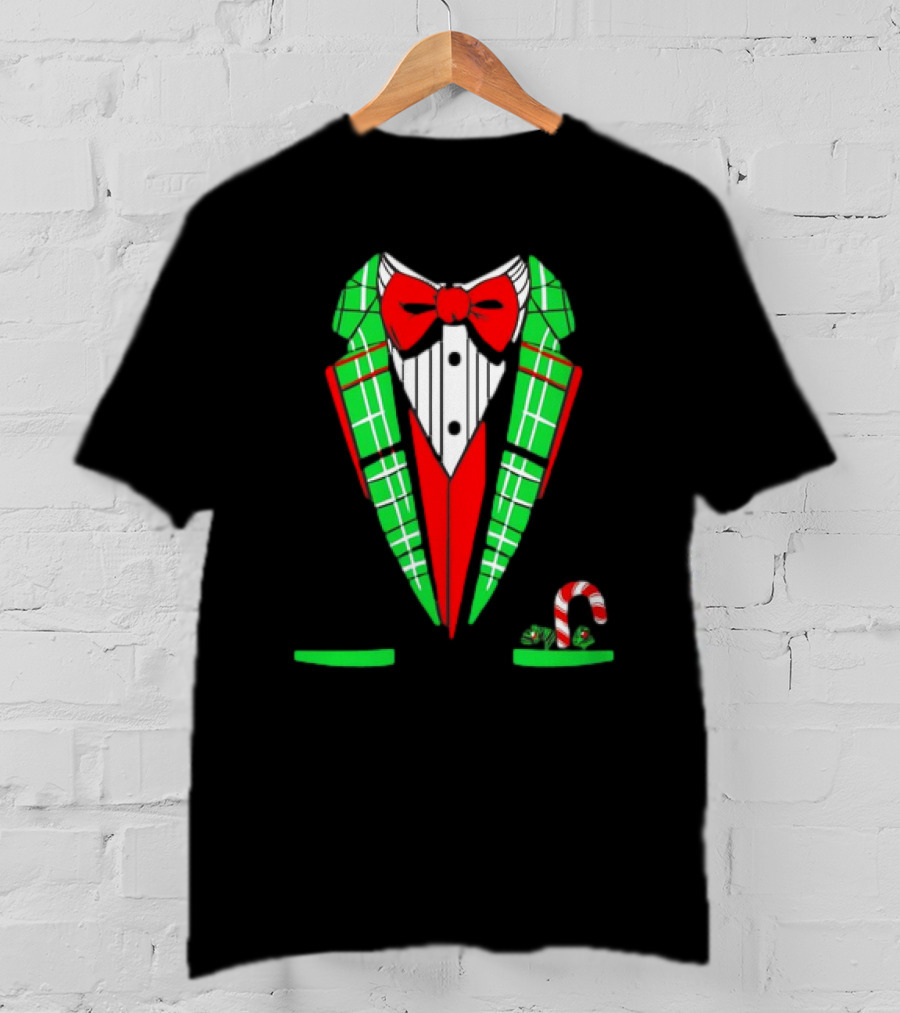 Santa Tuxedo Christmas Suit Candy Cane Plaid Bow Tie T-Shirt