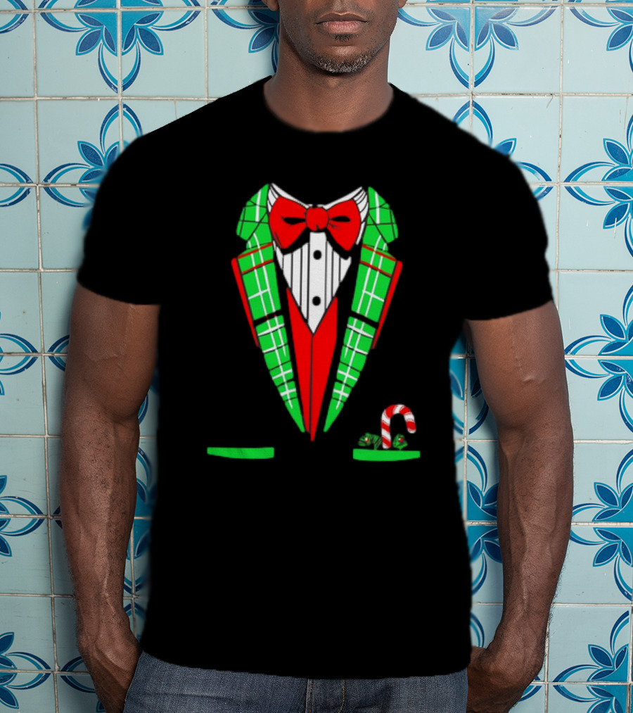Santa Tuxedo Christmas Suit Candy Cane Plaid Bow Tie T-Shirt