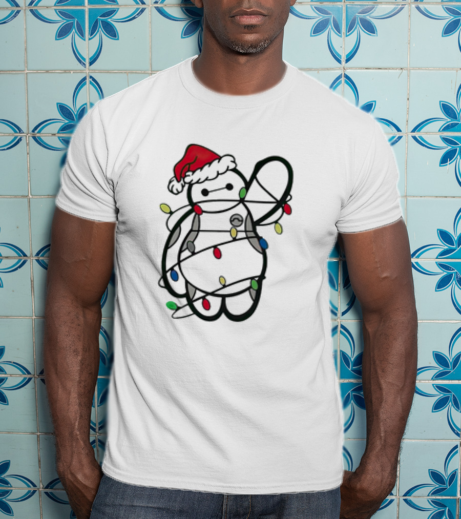 Baymax Wrapped In Christmas Lights Wearing Santa Hat T-Shirt