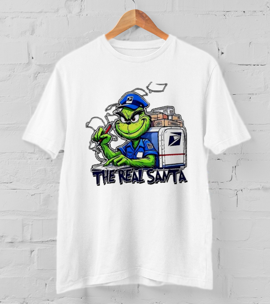 Grinch USPS The Real Santa Postal Delivery Holiday Fun T-Shirt