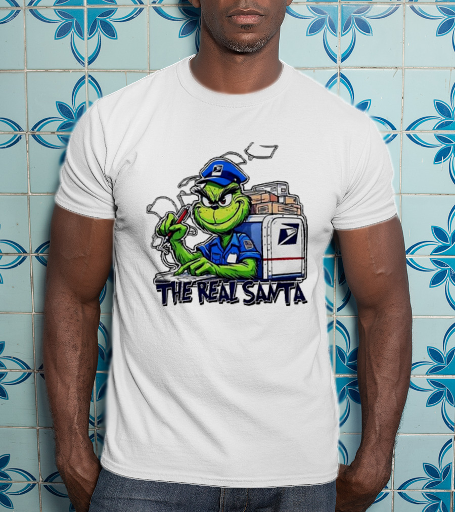 Grinch USPS The Real Santa Postal Delivery Holiday Fun T-Shirt