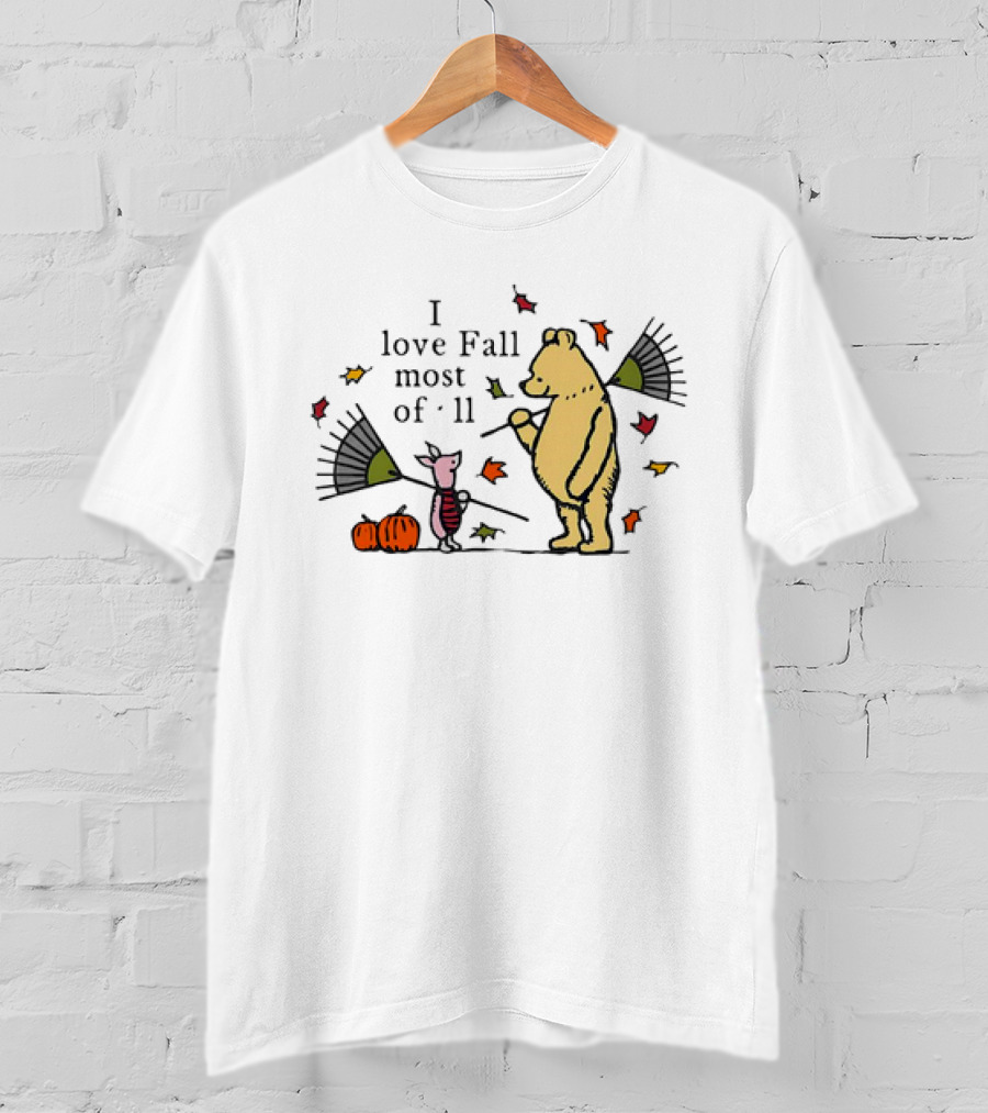 I Love Fall Most Of All Winnie The Pooh Piglet Raking Leaves Pumpkins T-Shirt