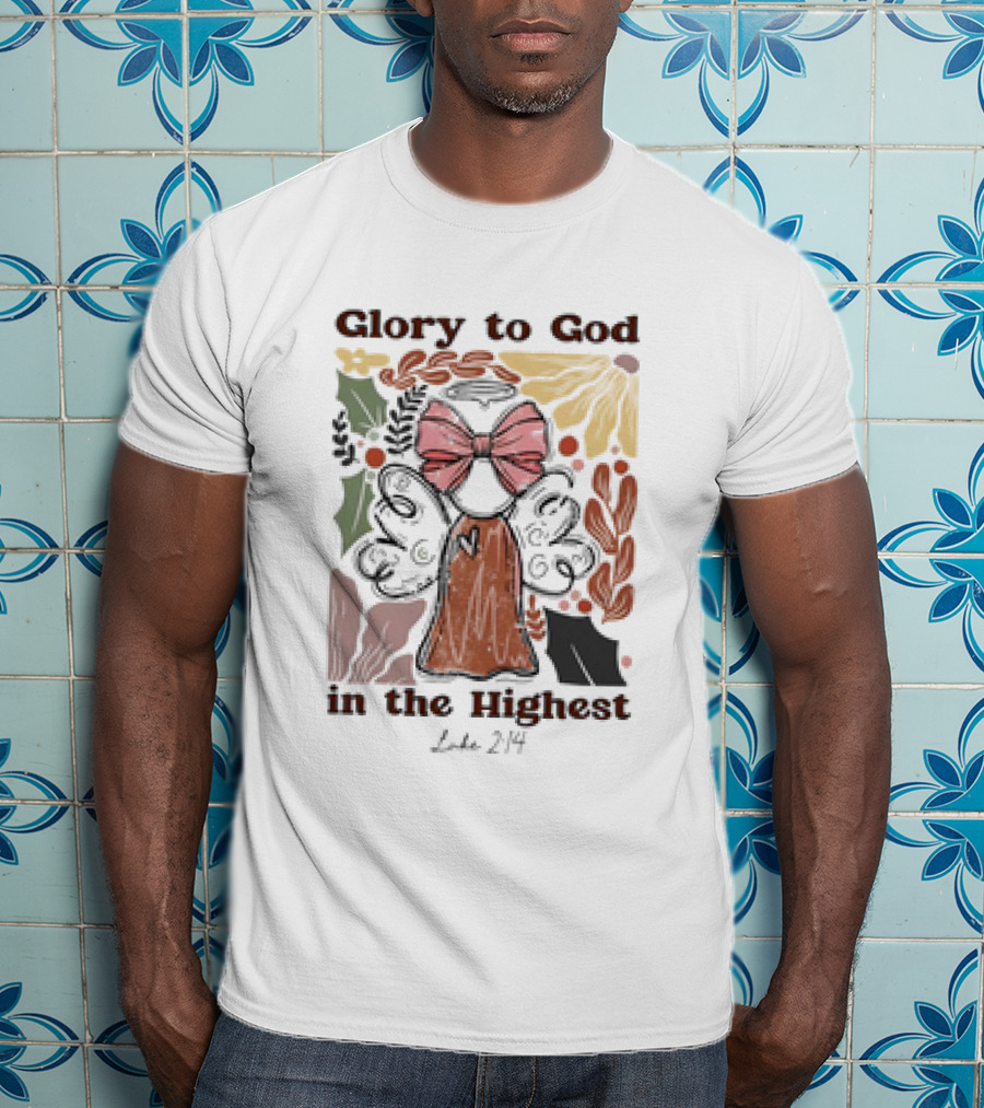 Glory To God In The Highest Luke 2:14 Retro Vintage Christian Angel Bow T-Shirt