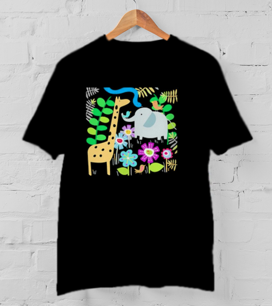 Safari Animal Party Jungle Giraffe Elephant Floral T-Shirt