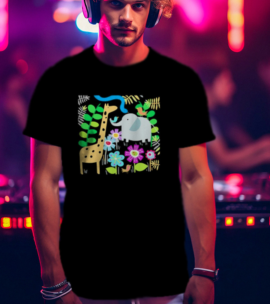 Safari Animal Party Jungle Giraffe Elephant Floral T-Shirt