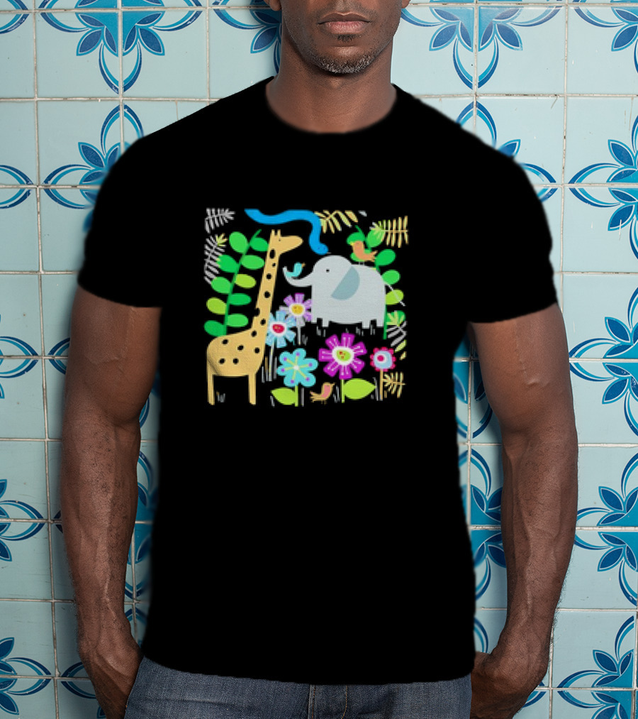 Safari Animal Party Jungle Giraffe Elephant Floral T-Shirt