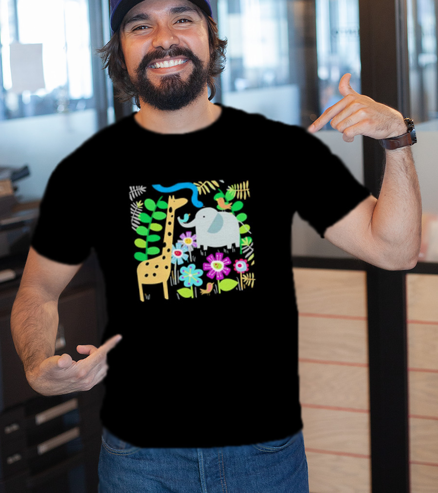 Safari Animal Party Jungle Giraffe Elephant Floral T-Shirt