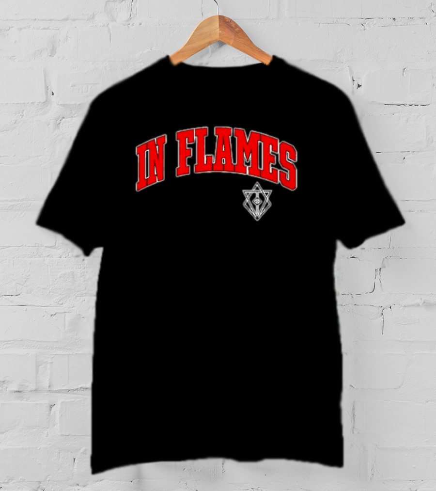 In Flames Red Collegiate Text With Geometric T-Shirt