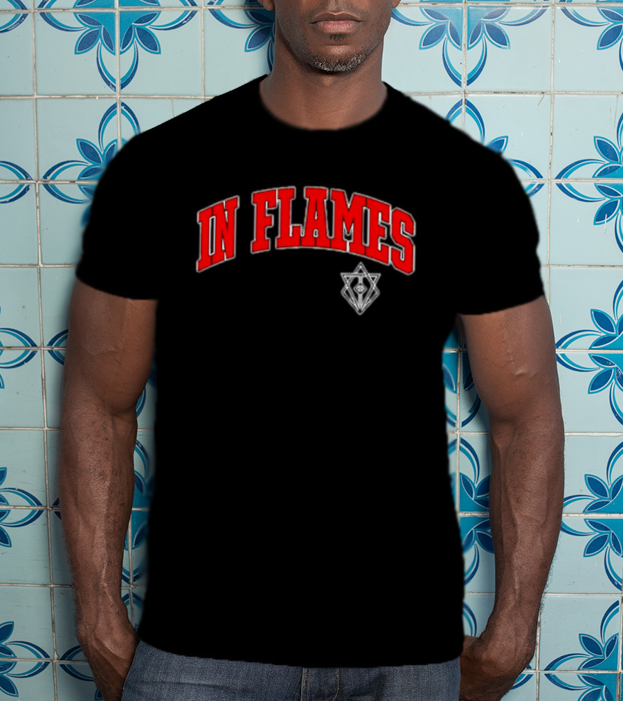In Flames Red Collegiate Text With Geometric T-Shirt