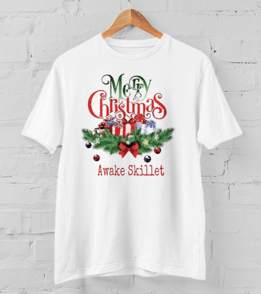 Merry Christmas Awake Skillet Festive Presents And Pine Garland T-Shirt