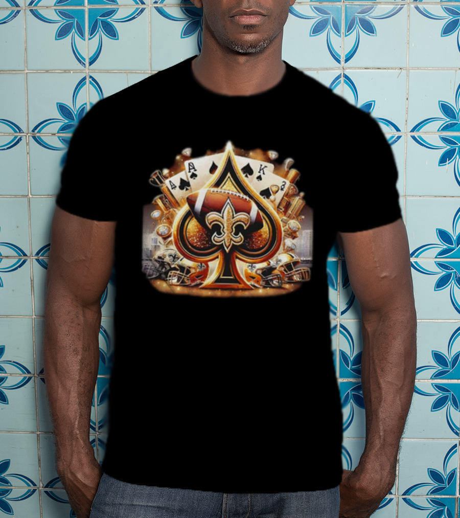 New Orleans Saints Gold Spade Football And Fleur-de-Lis With Playing Cards And Helmets T-Shirt