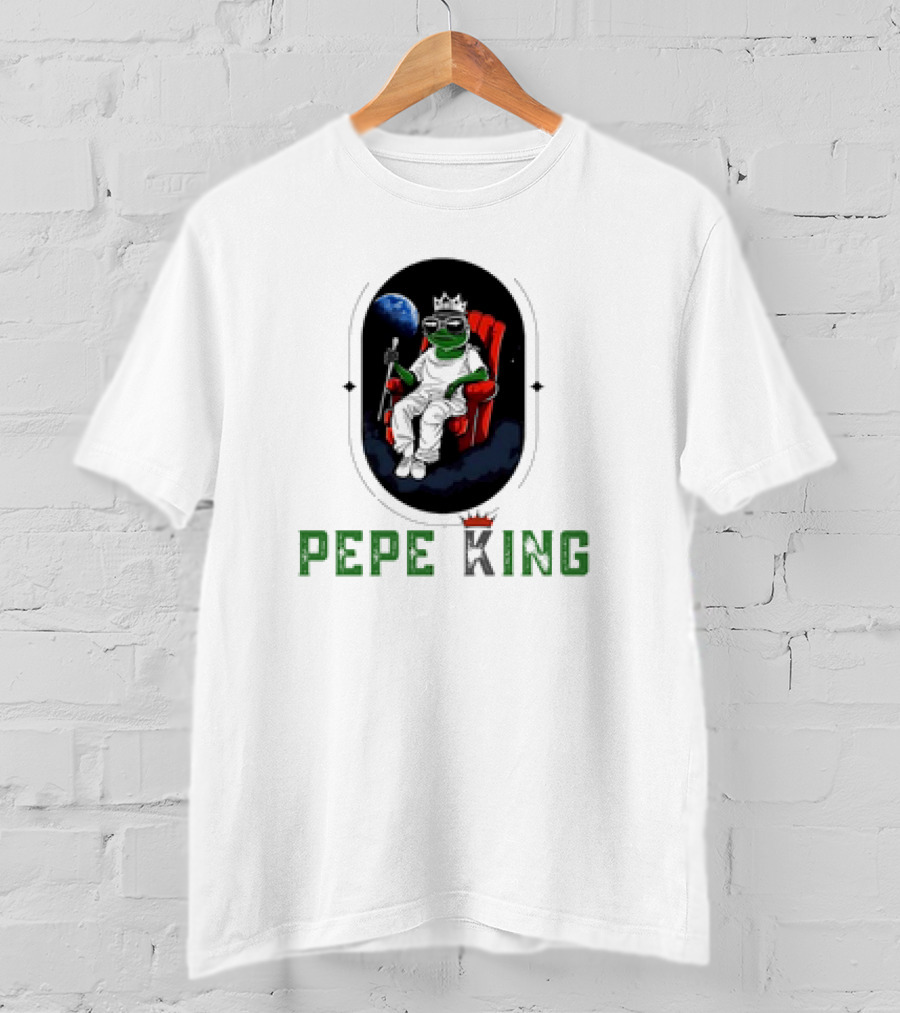 Pepe King Meme Coin Earth Throne Crown Chair T-Shirt